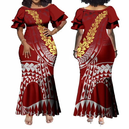 Polynesian Traditional Printed Island Flowers Pattern Red Fishtail Dress And Hawaiian Shirt Matching Outfit For Couple Set For Him Her