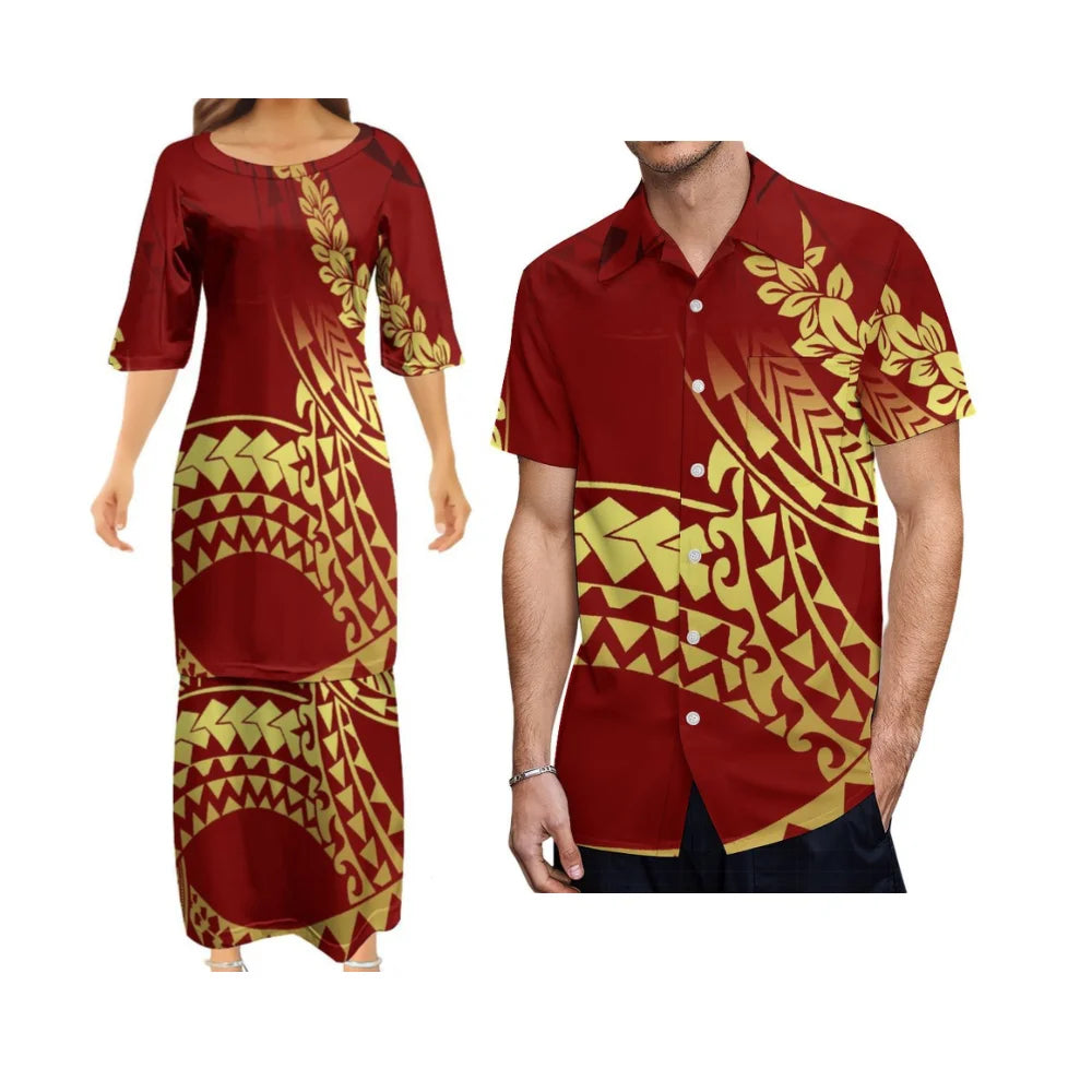 Polynesian Tribal Flowers Pattern Red Outfit For Couple Island Brown Dress And Hawaiian Shirt Matching Set