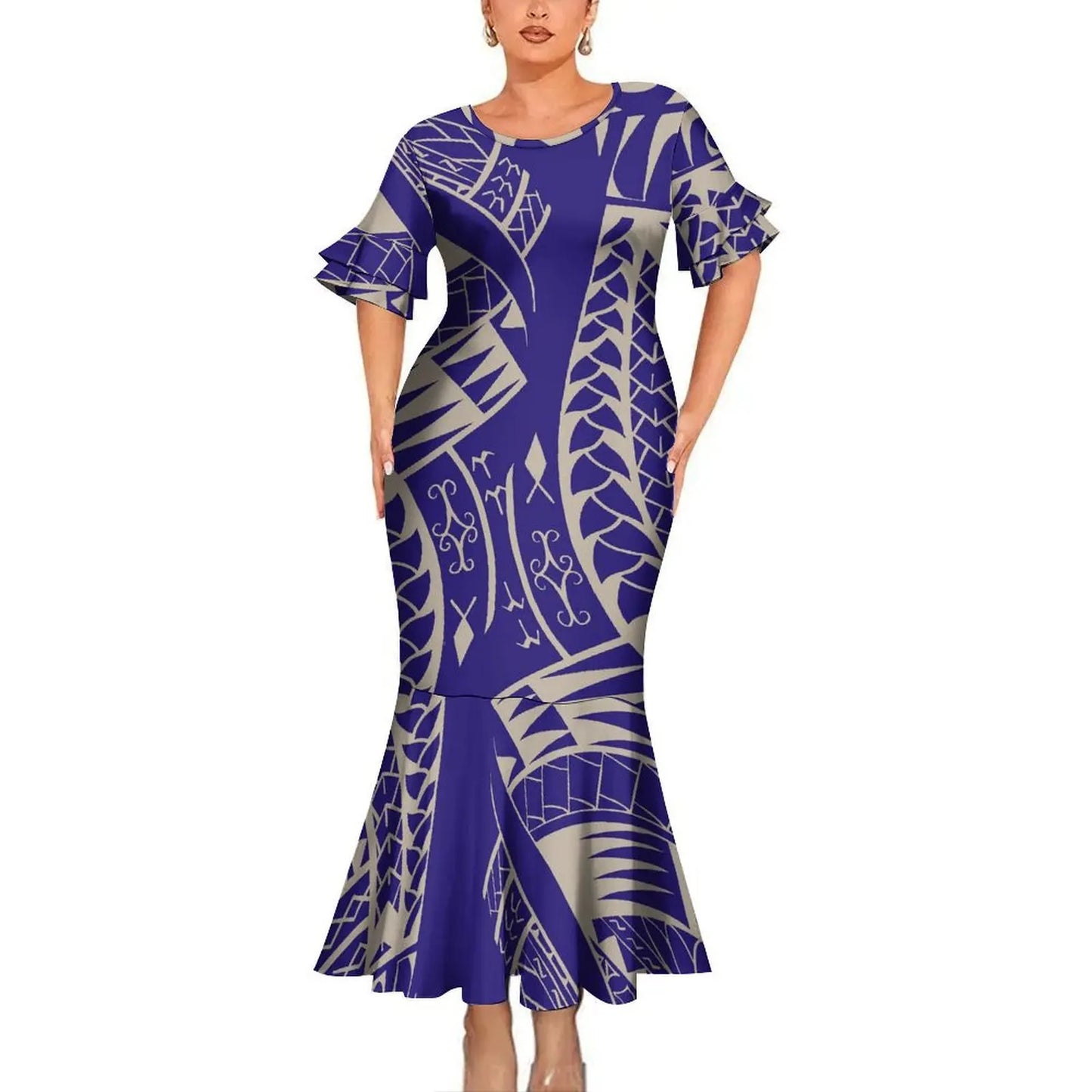 Blue Polynesian Tribal Pattern Party Matching Outfit For Couple Clothing Tropical Fishtail Dress And Hawaiian Shirt