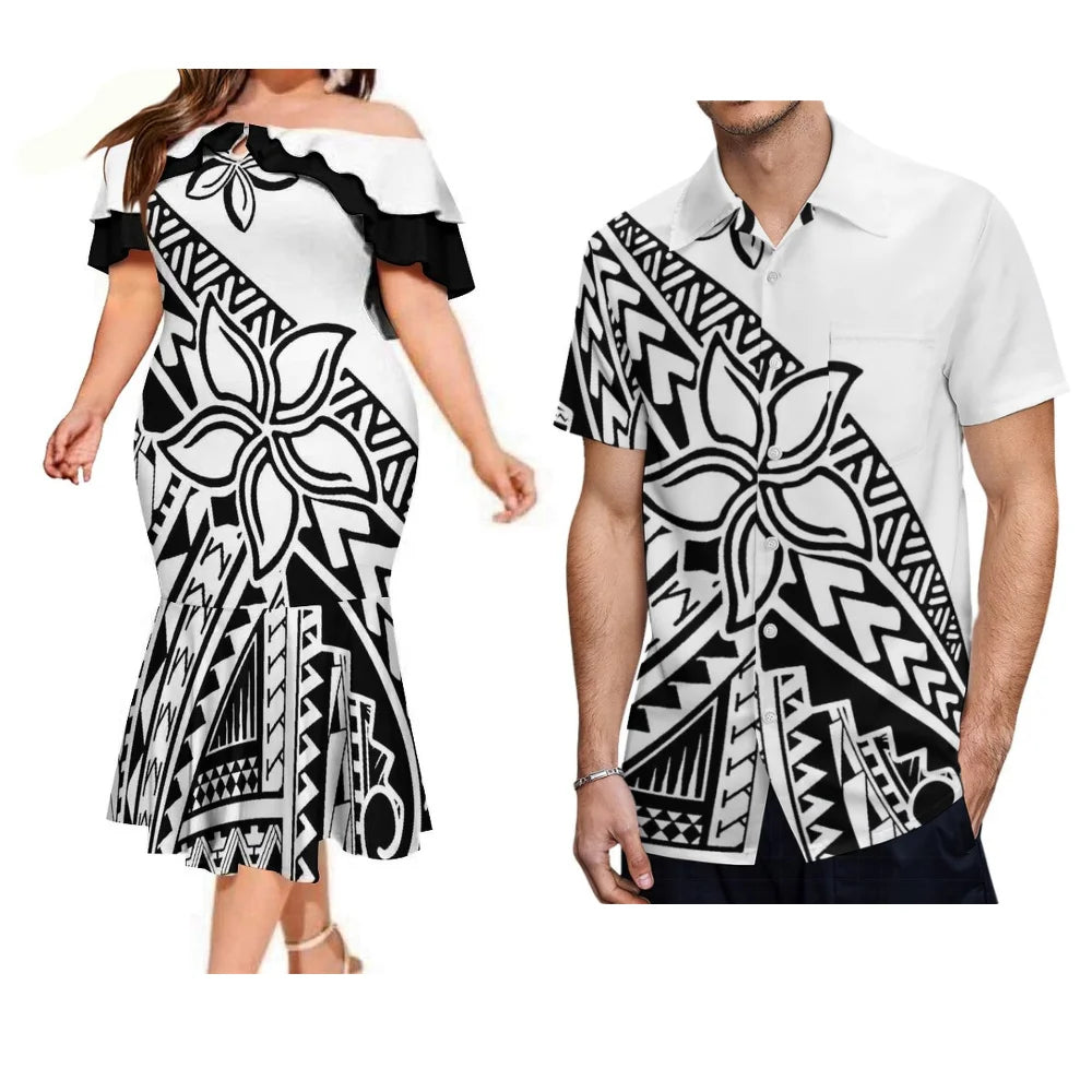 Island Style Black And White Couple Suit Matching Outfit For Couple Polynesian Dress And Shirt Outfit Set