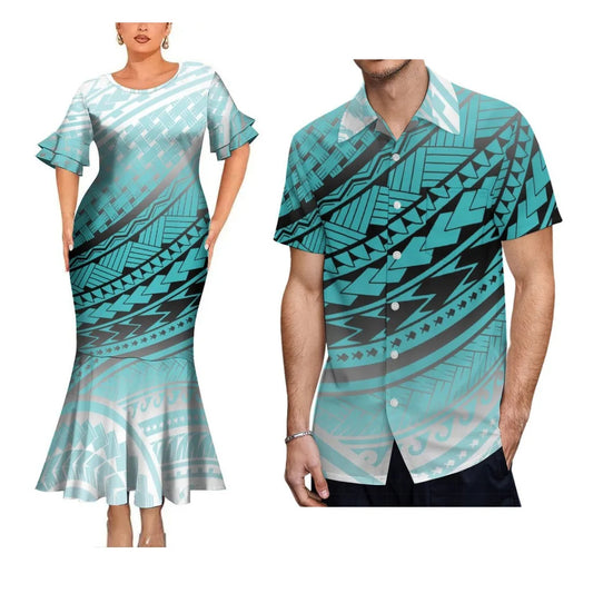 Polynesian Tribal Matching Outfit For Her Him Island Vibe Fishtail Skirt Dress And Hawaiian Shirt Couple Set