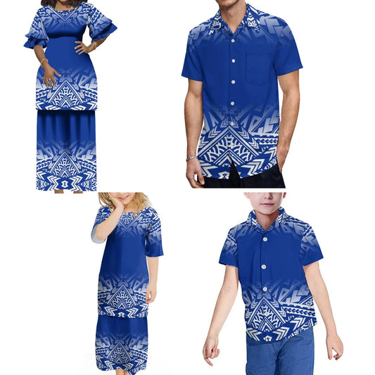 Polynesian Tribal Blue Matching Outfit For Family Vintage Puletasi Double layer Horn Sleeve Dress And Shirt
