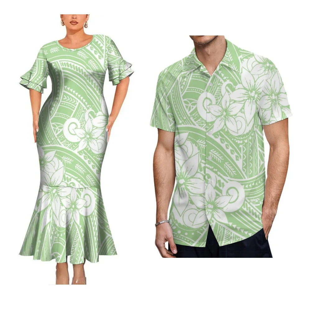 Polynesian Tribal Tropical Flowers Pattern Party Matching Outfit For Coupler Island Fishtail Dress And Hawaiian Shirt For Him Her