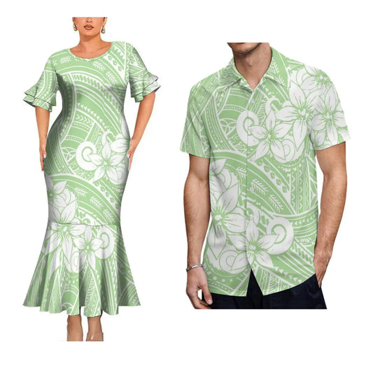 Polynesian Tribal Tropical Flowers Pattern Party Matching Outfit For Coupler Island Fishtail Dress And Hawaiian Shirt For Him Her