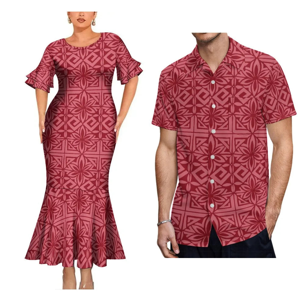 Red Polynesian Tribal Pattern Traditional Matching Outfit For Coupler Party Island Fishtail Dress And Hawaiian Shirt For Him Her