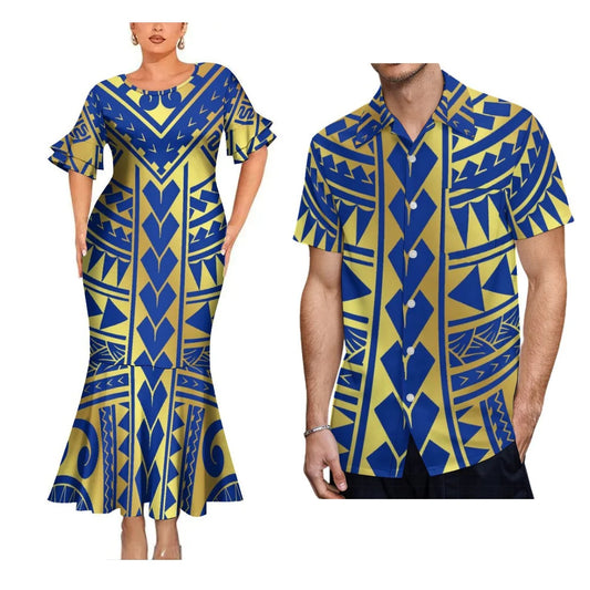 Polynesian Tribal Pattern Blue Matching Clothes For Couple Fishtail Skirt Dress And Hawaii Shirt Couple Outfit