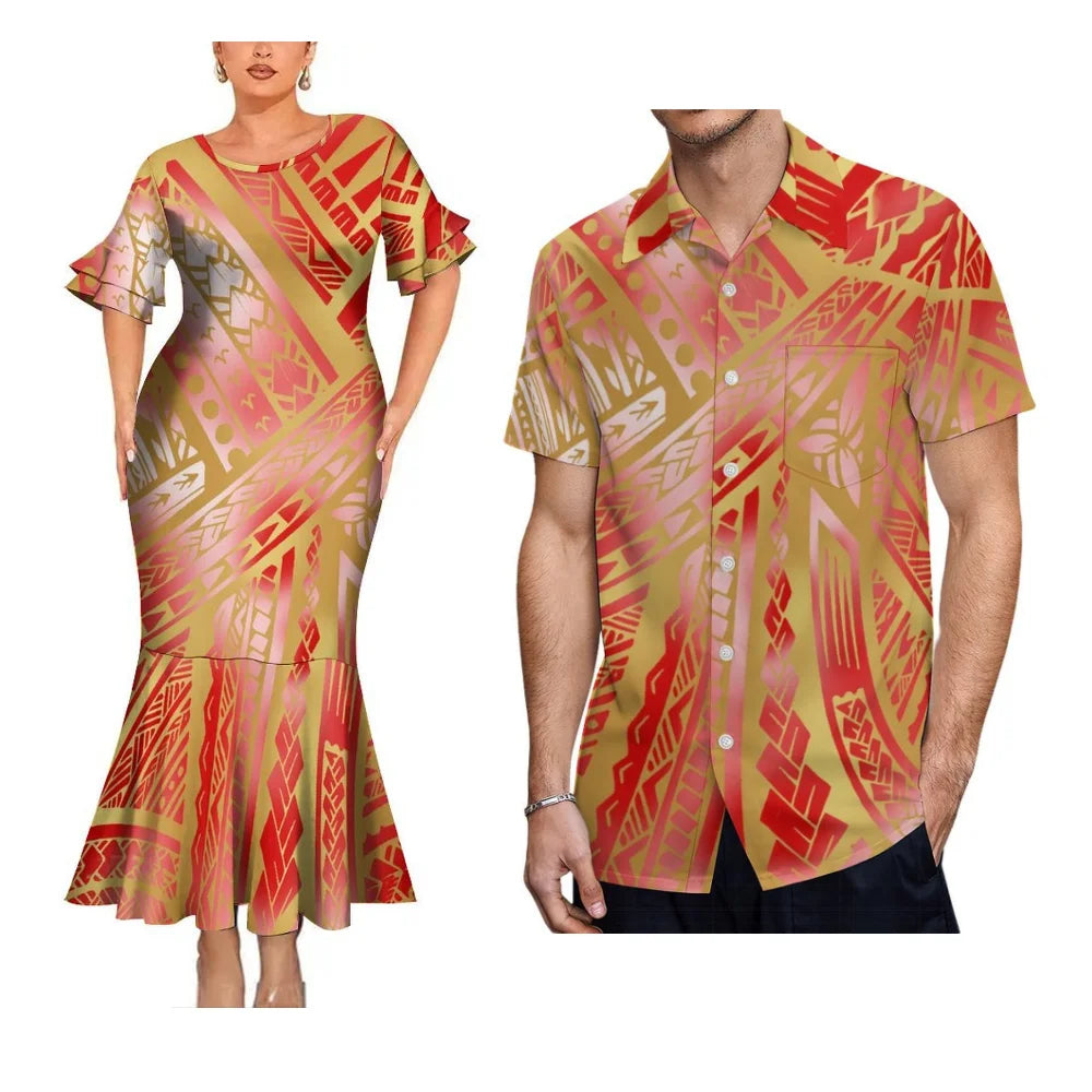 Polynesian Tribal Matching Outfit For Her Him Fishtail Skirt Dress And Hawaiian Shirt Couple Set