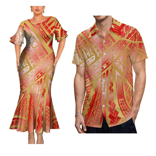 Polynesian Tribal Matching Outfit For Her Him Fishtail Skirt Dress And Hawaiian Shirt Couple Set