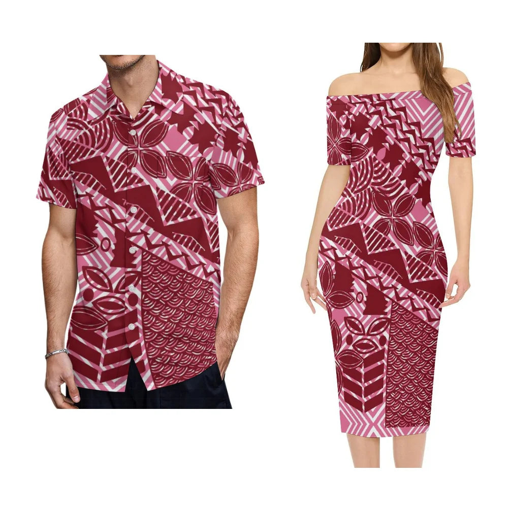 Polynesian Tribal Flowers Pattern Tropical Outfit For Couple Polynesian Island Off Shoulder Lady Short Sleeve Dress And Men's Hawaiian Shirt