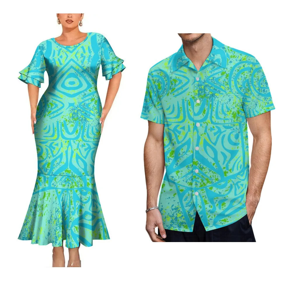 Polynesian Tribal Pattern Party Matching Outfit For Coupler Island Fishtail Dress And Hawaiian Shirt