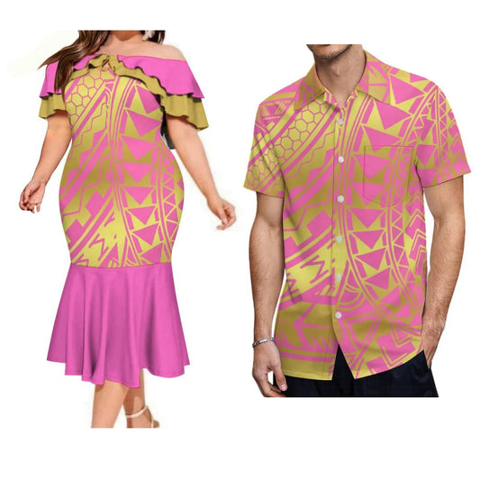 Island Style Pink Couple Suit Matching Outfit For Couple Polynesian Dress And Shirt Outfit Set