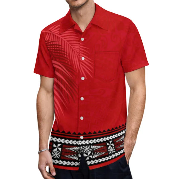 Polynesian Tribal Leaf Pattern Red Couple Clothing Tropical Fishtail Dress And Hawaiian Shirt Matching Outfit For Her Him