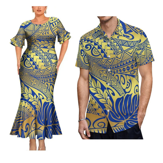 Polynesian Tribal Matching Outfit For Her Him Island Fishtail Skirt Dress And Hawaiian Shirt Couple Set