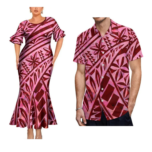 Polynesian Tribal Tropical Geometric Pattern Party Matching Outfit For Coupler Island Fishtail Dress And Hawaiian Shirt For Him Her