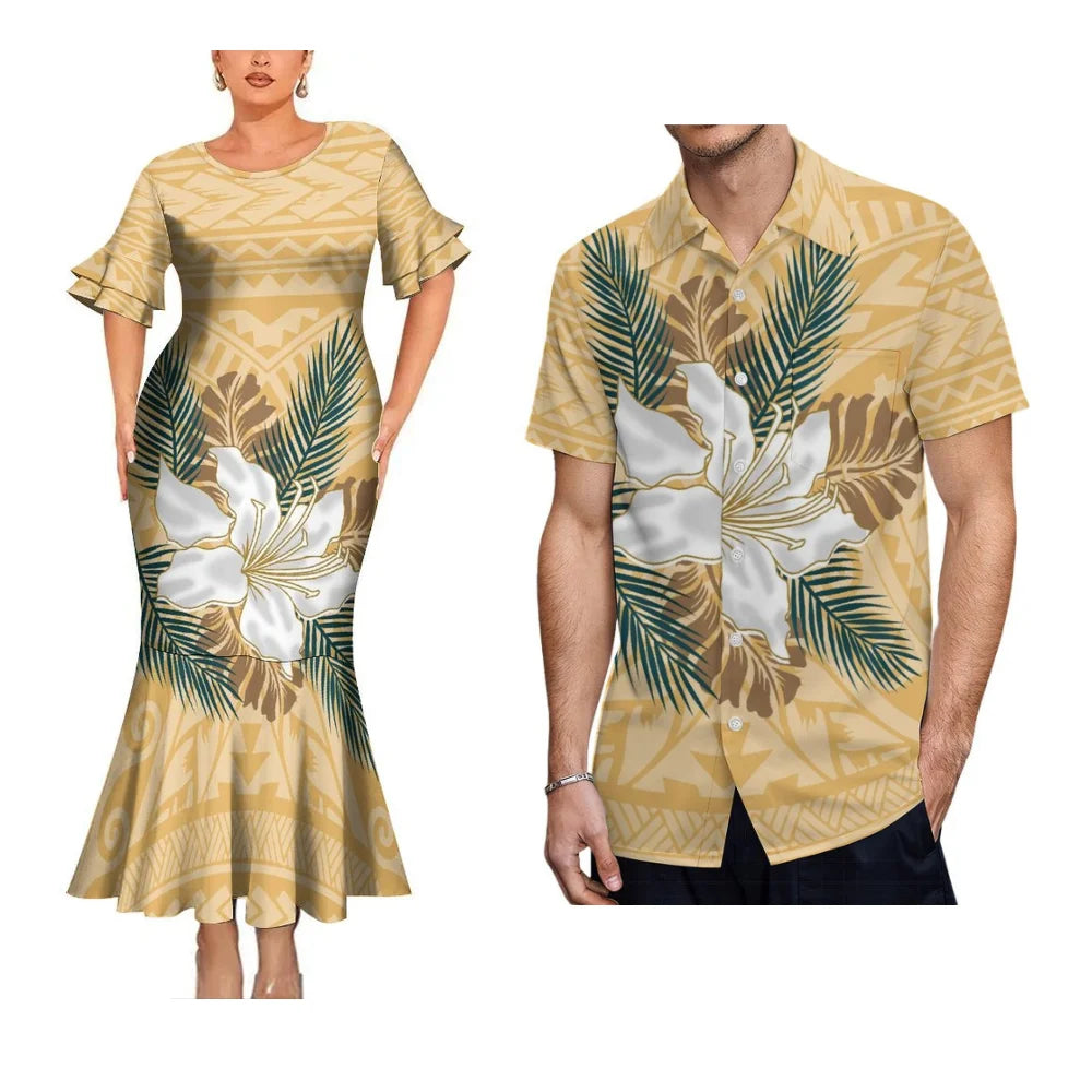 Polynesian Flowers Pattern Red Party Matching Outfit For Coupler Island Fishtail Dress And Hawaiian Shirt For Him Her