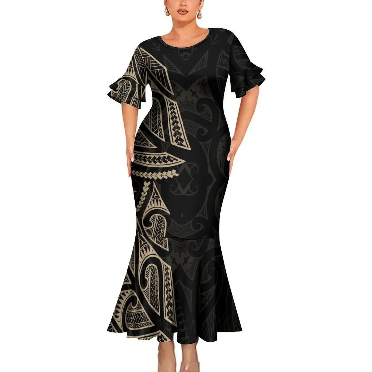 Black Polynesian Tribal Pattern Party Matching Outfit For Couple Clothing Tropical Fishtail Dress And Hawaiian Shirt