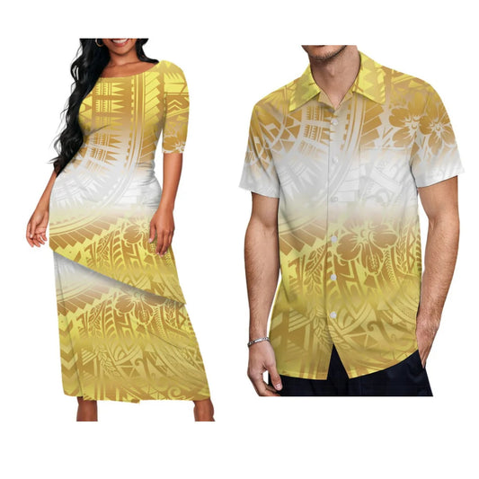 Flowers Polynesian Island Yellow Matching Outfit For Couple Women Puletasi Men's Shirt For Him Her