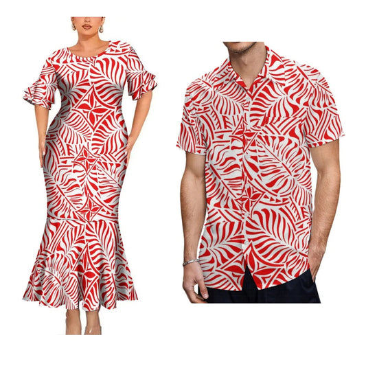 Polynesian Tribal Tropical Leaf Pattern Red Party Matching Outfit For Coupler Island Fishtail Dress And Hawaiian Shirt For Him Her