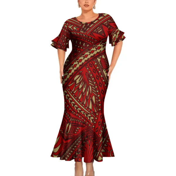 Polynesian Printed Tribal Matching Outfit For Couple Clothing Tropical Fishtail Dress And Shirt For Her Him