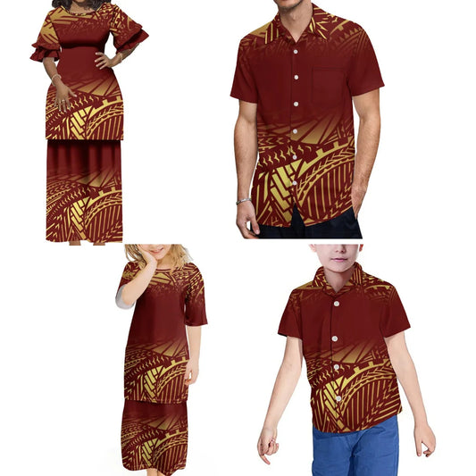 Polynesian Tribal Brown Matching Outfit For Family Vintage Puletasi Double layer Horn Sleeve Dress And Shirt