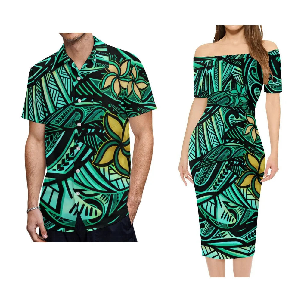 Polynesian Tribal Flowers Pattern Tropical Outfit For Couple Green Polynesian Island Off Shoulder Lady Short Sleeve Dress And Men's Hawaiian Shirt