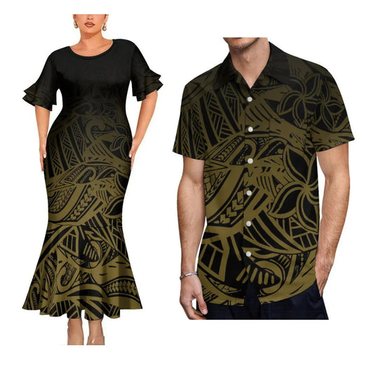Polynesian Tribal Black Matching Outfit For Her Him Island Fishtail Skirt Dress And Hawaiian Shirt Couple Set