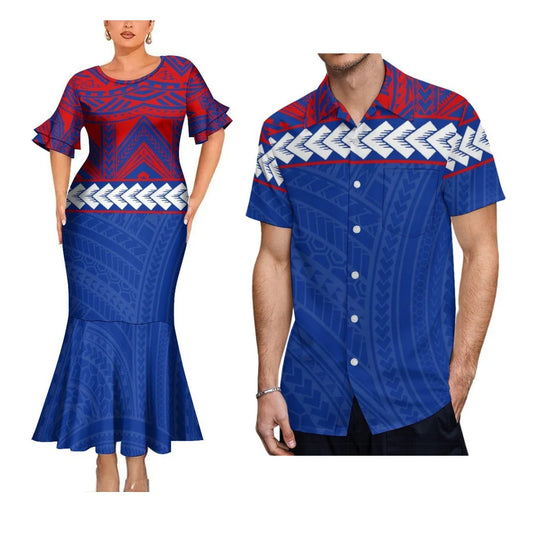 Polynesian Tribal Matching Outfit For Her Him Island Fishtail Skirt Dress And Hawaiian Shirt Couple Set