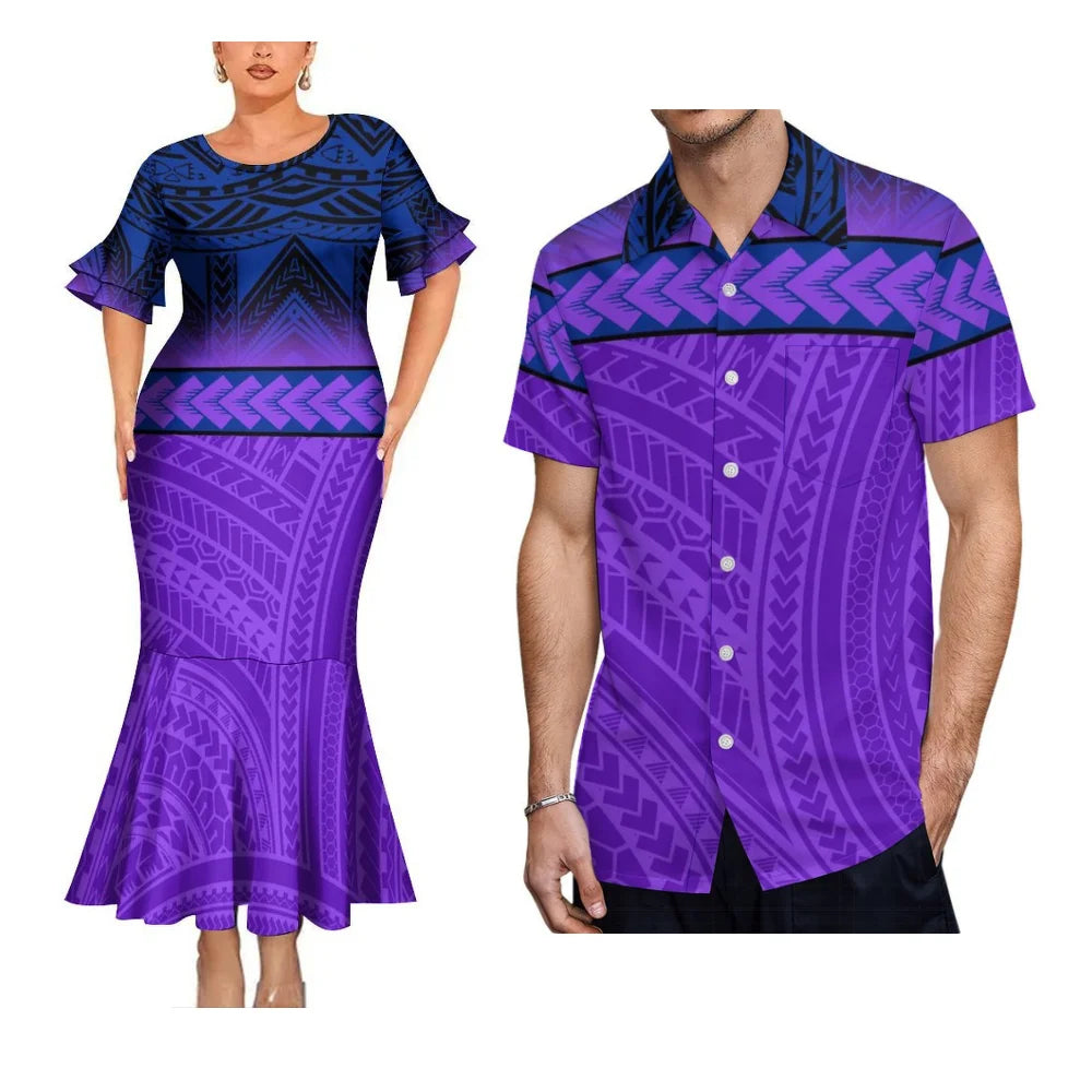 Polynesian Tribal Purple Matching Outfit For Her Him Fishtail Skirt Dress And Hawaiian Shirt Couple Set