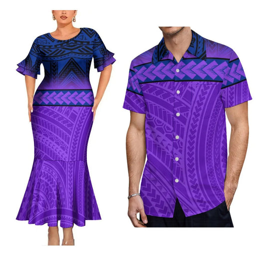 Polynesian Tribal Purple Matching Outfit For Her Him Fishtail Skirt Dress And Hawaiian Shirt Couple Set