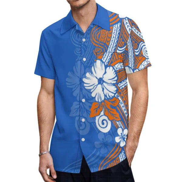 Polynesian Traditional Printed Island Flowers Pattern Blue Fishtail Dress And Hawaiian Shirt Matching Outfit For Couple Set For Him Her