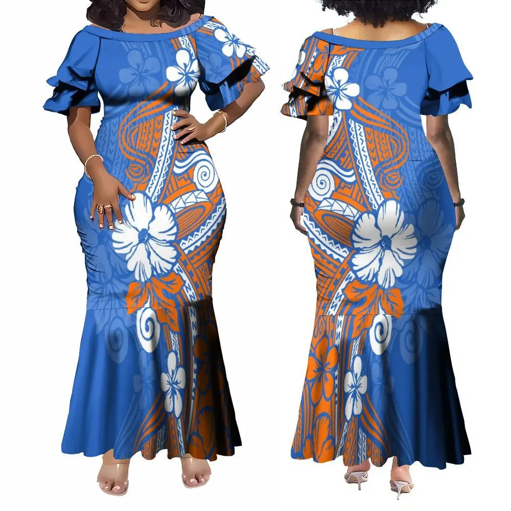 Polynesian Traditional Printed Island Flowers Pattern Blue Fishtail Dress And Hawaiian Shirt Matching Outfit For Couple Set For Him Her