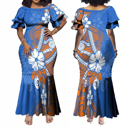 Polynesian Traditional Printed Island Flowers Pattern Blue Fishtail Dress And Hawaiian Shirt Matching Outfit For Couple Set For Him Her