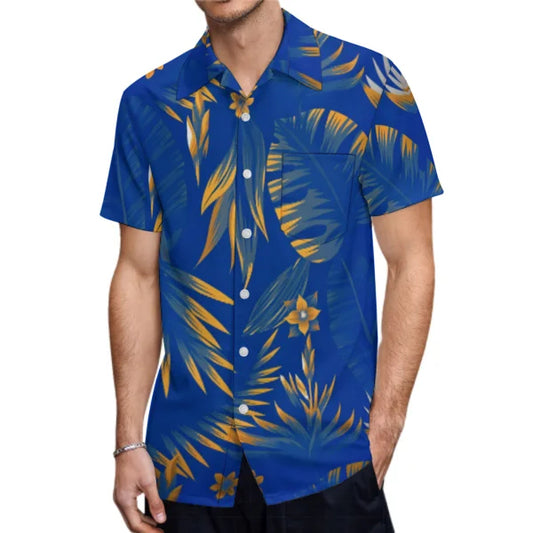 Polynesian Printed Leaf Pattern Blue Matching Outfit For Couple Clothing Tropical Fishtail Dress And Shirt For Her Him