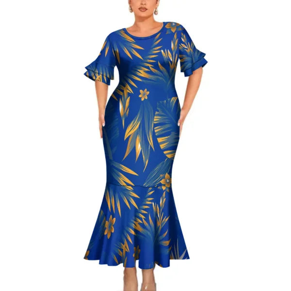 Polynesian Printed Leaf Pattern Blue Matching Outfit For Couple Clothing Tropical Fishtail Dress And Shirt For Her Him
