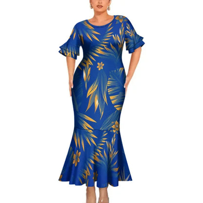 Polynesian Printed Leaf Pattern Blue Matching Outfit For Couple Clothing Tropical Fishtail Dress And Shirt For Her Him
