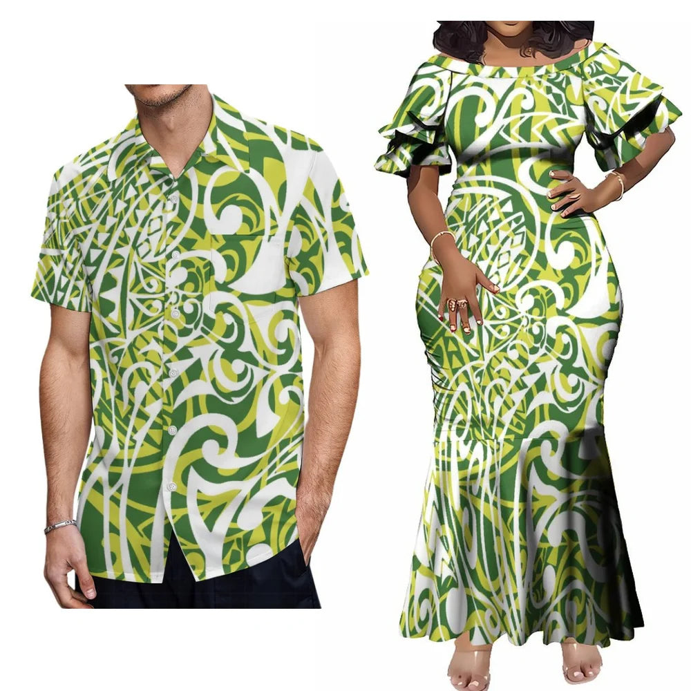 Polynesian Samoa Tropical Matching Outfit For Couple Ethnic Green Women's Short-Sleeved Mermaid Dress Hawaiian Shirt