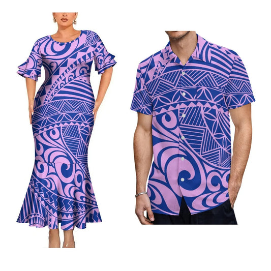 Polynesian Tribal Pattern Purple Party Matching Outfit For Coupler Island Fishtail Dress And Hawaiian Shirt For Him Her