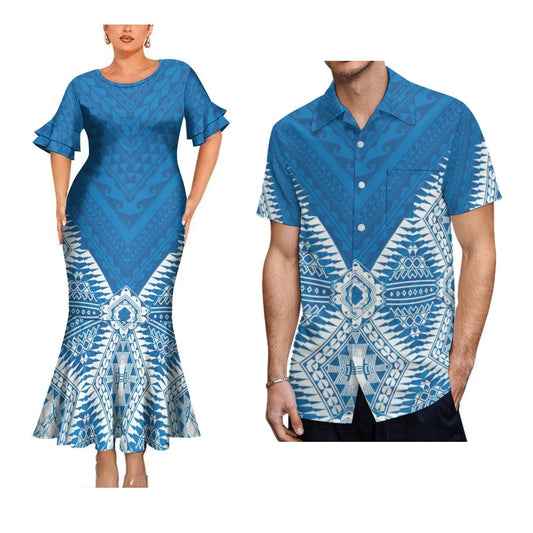 Polynesian Tribal Pattern Party Matching Outfit For Coupler Island Fishtail Dress And Hawaiian Shirt For Him Her