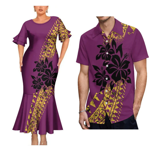 Polynesian Tribal Flowers Pattern Purple Matching Clothes For Couple Fishtail Skirt Dress And Hawaii Shirt Couple Outfit