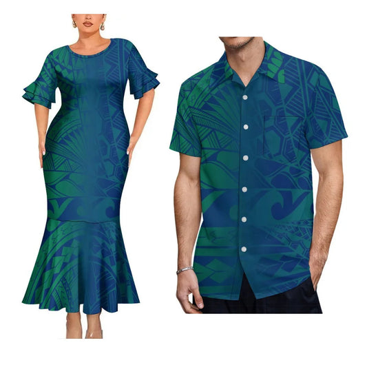 Polynesian Tribal Matching Outfit For Her Him Tropical Vibe Fishtail Skirt Dress And Hawaiian Shirt Couple Set