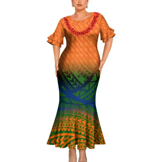 Flowers Necklace Tropical Pattern Polynesian Tribal Outfit For Couple Fishtail Skirt Dress And Hawaiian Shirt