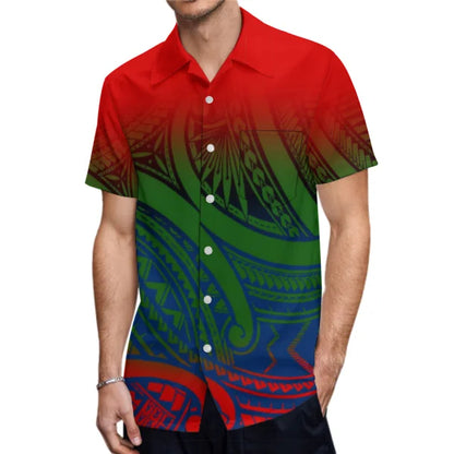 Red Polynesian Tribal Pattern Matching Outfit For Couple Puletasi Dress Man Shirt Party Set