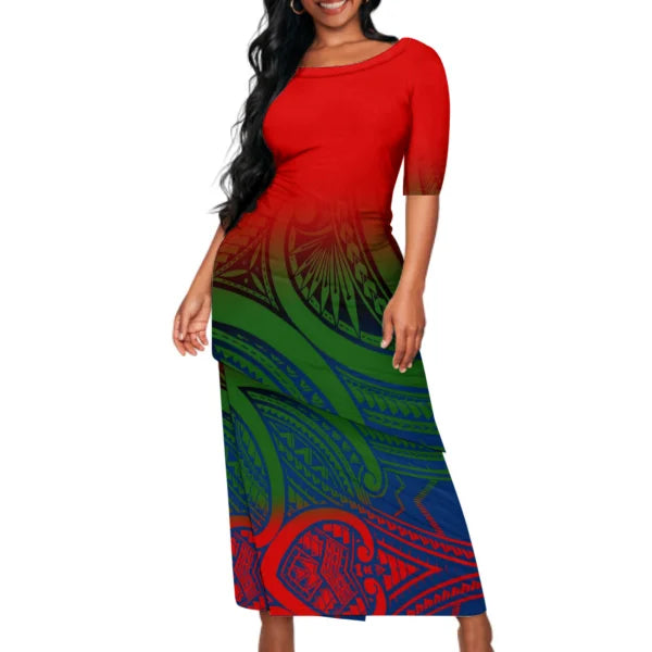 Red Polynesian Tribal Pattern Matching Outfit For Couple Puletasi Dress Man Shirt Party Set