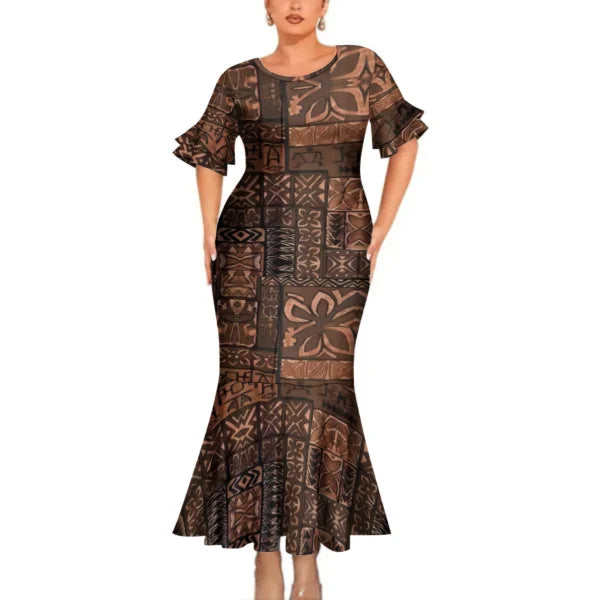 Vintage Polynesian Tribal Pattern Brown Couple Clothing Tropical Fishtail Dress And Hawaiian Shirt Matching Outfit For Her Him