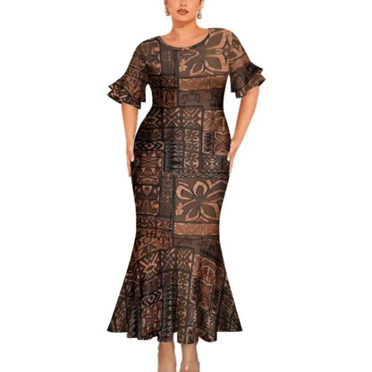 Vintage Polynesian Tribal Pattern Brown Couple Clothing Tropical Fishtail Dress And Hawaiian Shirt Matching Outfit For Her Him