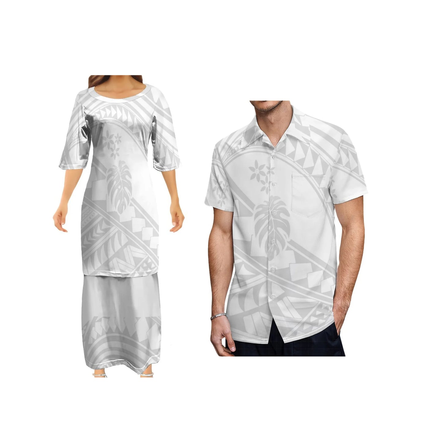Polynesian Tropical Pattern White Couple Outfit Matching Island Dress And Hawaiian Shirt