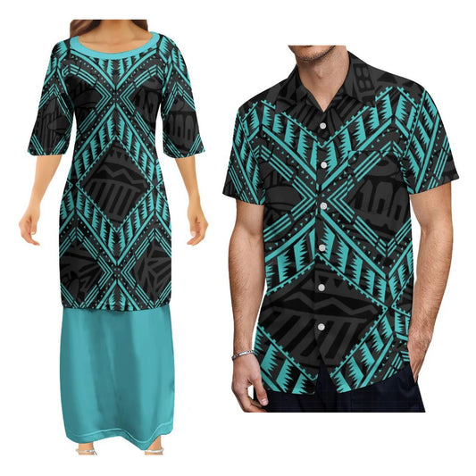 Geometric Pattern Polynesian Matching Outfit For Couple Tropical Island Puletasi Dress Man Shirt Party Set