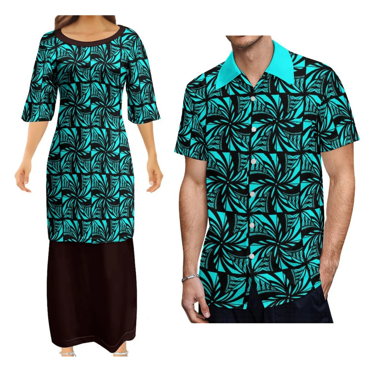 Blue Polynesian Matching Outfit For Couple Tropical Island Puletasi Dress Man Shirt Party Set