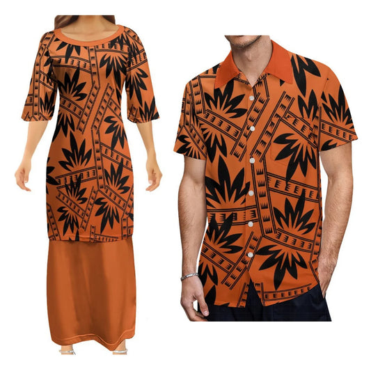 Polynesian Matching Outfit For Couple Tropical Orange Island Puletasi Dress Man Shirt Party Set