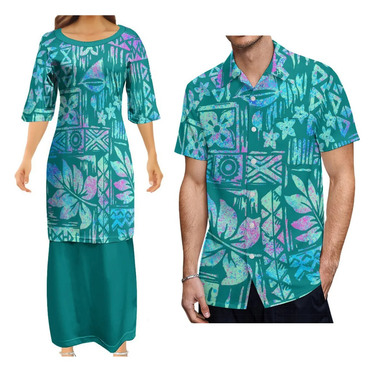 Polynesian Matching Outfit For Couple Tropical Island Puletasi Dress Man Shirt Party Set